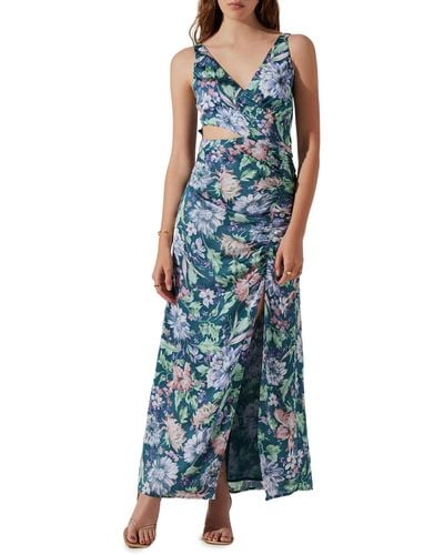 Astr Floral Ruched Cutout Dress - Blue