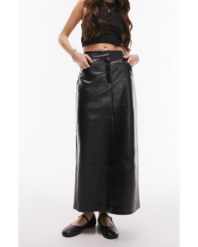 TOPSHOP Croc Embossed Faux Leather Midi Skirt - Black