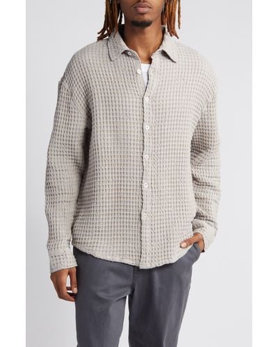 KROST Linas Oversize Waffle Texture Cotton & Linen Button-up Shirt - Gray