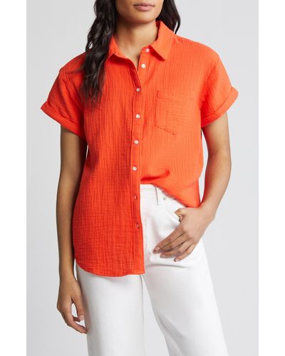 Caslon Caslon(r) Cotton Gauze Camp Shirt - Orange