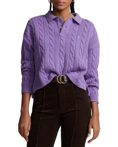 Polo Ralph Lauren Wool & Cashmere Crop Cable Polo Sweater - Purple