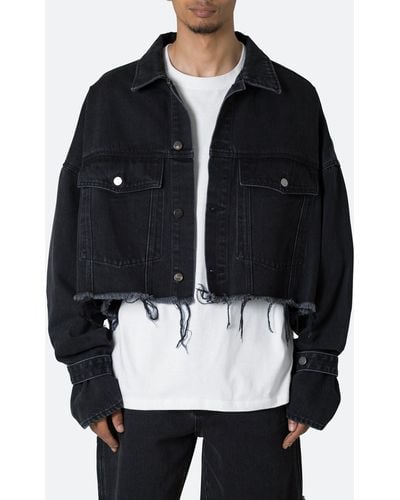 MNML Oversized Fray Hem Crop Denim Jacket - Black