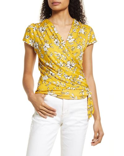 Loveappella Floral Print Faux Wrap Top - Yellow