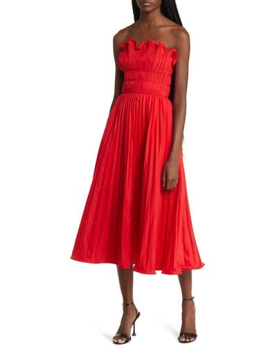 Moon River Strapless Pleated Midi Dress - Red