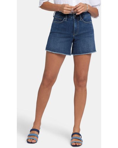 NYDJ Frayed High Waist Mid Length A-line Denim Shorts - Blue