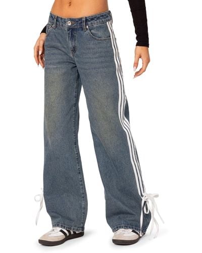 Edikted Mattie Side Stripe Bow Low Rise Wide Leg Jeans - Blue