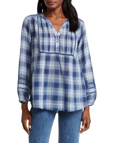 Lucky Brand Plaid Long Sleeve Cotton Popover Top - Blue