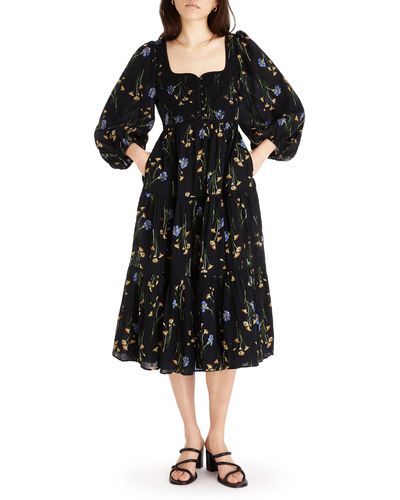 Madewell Xiomara Floral Print Long Sleeve Cotton Dress - Black
