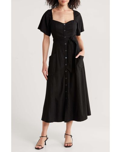Le Jean Willow Belted Linen Blend Midi Dress - Black
