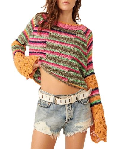 Free People Butterfly Mixed Stripe Cotton Blend Sweater - Multicolor