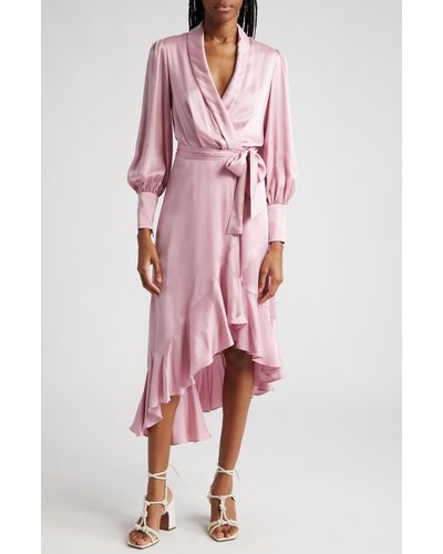 Zimmermann Long Sleeve Silk Wrap Midi Dress - Pink