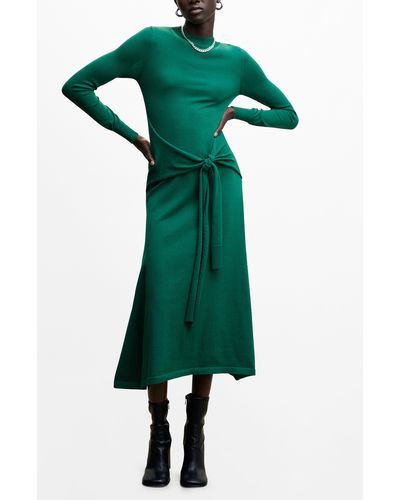Mango Tie Waist Long Sleeve Sweater Dress - Green
