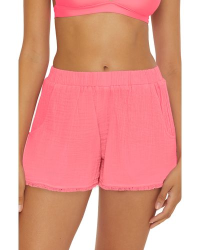 Trina Turk Serene Hooded Cotton Gauze Cover-up Shorts - Pink