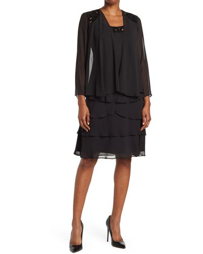 SLNY 3/4 Sleeve Sequin Dress & Jacket Set - Black