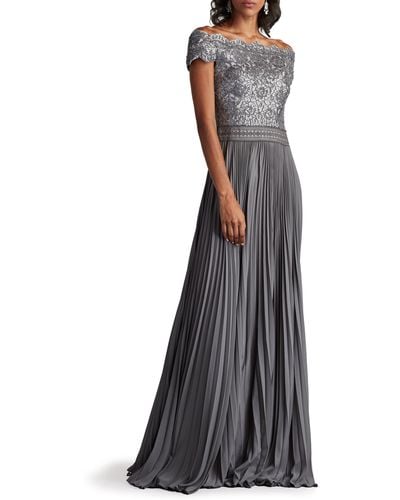 Tadashi Shoji Off The Shoulder Sequin Lace Pleated Gown - Black