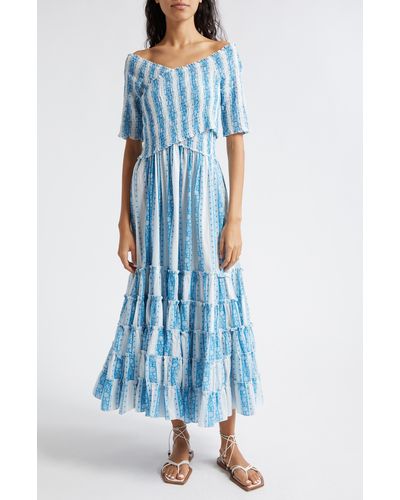 MILLE Celia Stripe Smocked Bodice Tiered Ruffle Maxi Dress - Blue