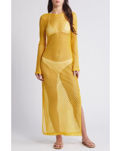 Something New Chrissy Long Sleeve Tie Back Open Stitch Dress - Yellow