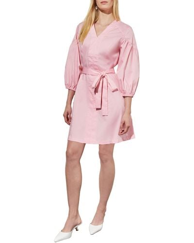 Ming Wang Puff Sleeve Tie Belt Cotton Sheath Minidress - Pink