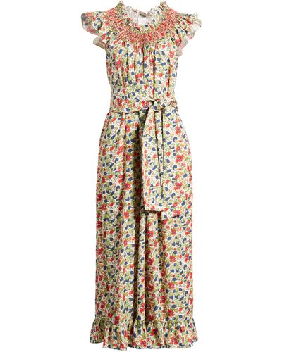 Loretta Caponi Delfina Floral Belted Midi Dress - Natural