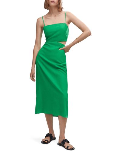 Mango Cutout Linen Blend Midi Dress - Green