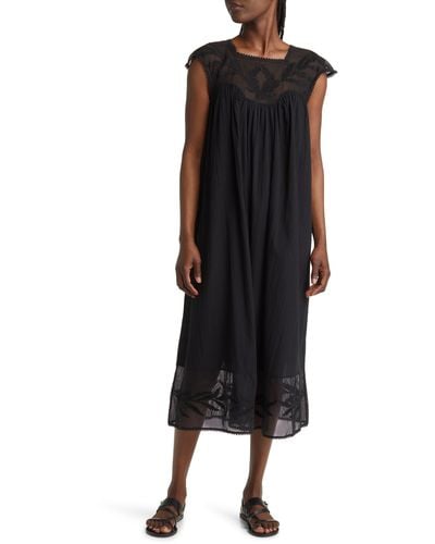 The Great The Dawn Embroidered Sheer Yoke Cotton Dress - Black