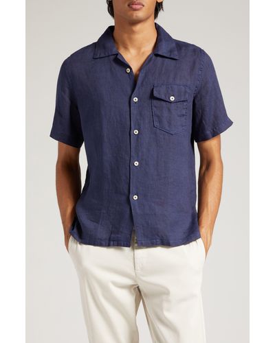 Eleventy Short Sleeve Linen Button-up Shirt - Blue