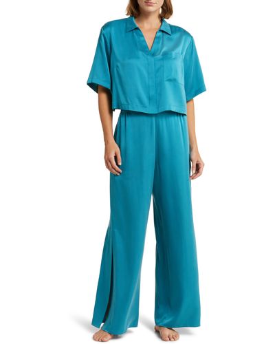 Lunya High Waist Washable Silk Pajamas - Blue