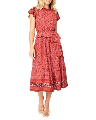 Gibsonlook Harvest Moon Floral Paisley Side Bow Midi Dress - Red