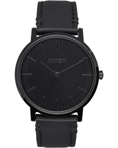 Nixon Porter Round Leather Strap Watch - Black