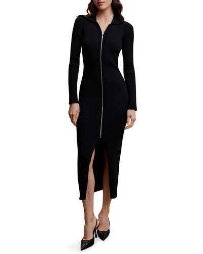 Mango Zip Front Long Sleeve Sweater Dress - Black