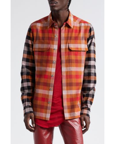 Rick Owens Strap Back Colorblock Check Cotton Snap-up Shirt - Orange