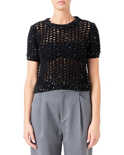Endless Rose Sequin Open Stitch Sweater - Black
