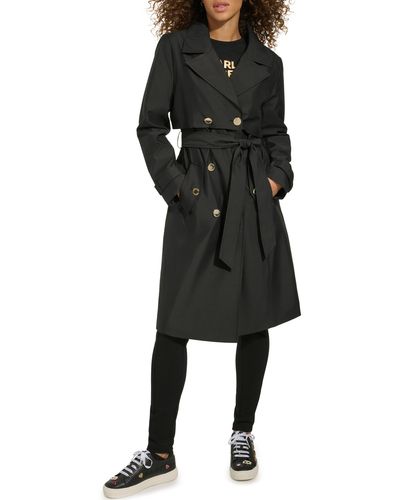Karl Lagerfeld Double Breasted Water Repellent Trench Coat - Black
