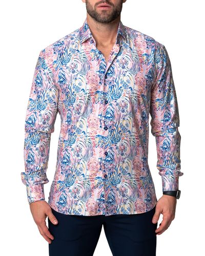 Maceoo Fibonacci Lion Regular Fit Cotton Blend Button-up Shirt - Blue