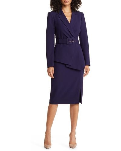 Tahari Nested Belted Jacket And Skirt - Blue