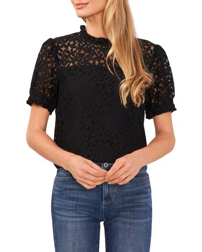 Cece Puff Sleeve Floral Lace Blouse - Black