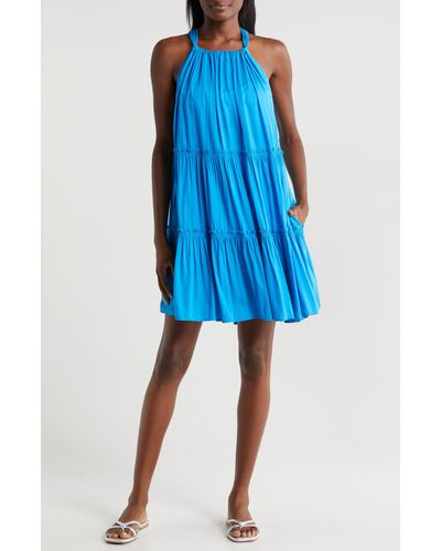 Elan Ruched Tiered Cover-up Swing Dress - Blue