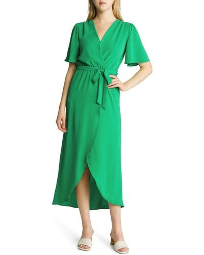 Fraiche By J Flutter Sleeve Faux Wrap Maxi Dress - Green
