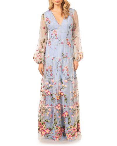 Dress the Population Lyra Floral Embroidery Long Sleeve Tulle Gown - Multicolor