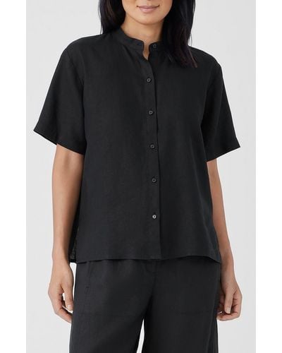 Eileen Fisher Band Collar Short Sleeve Organic Linen Button-up Shirt - Black