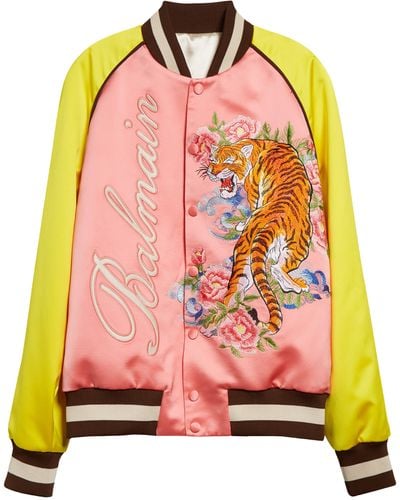 Balmain Embroidered Tiger Colorblock Bomber Jacket - Pink