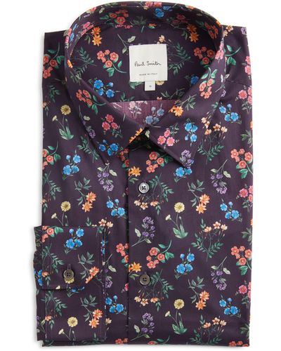 Paul Smith Tailored Fit Floral Cotton Button-up Shirt - Blue