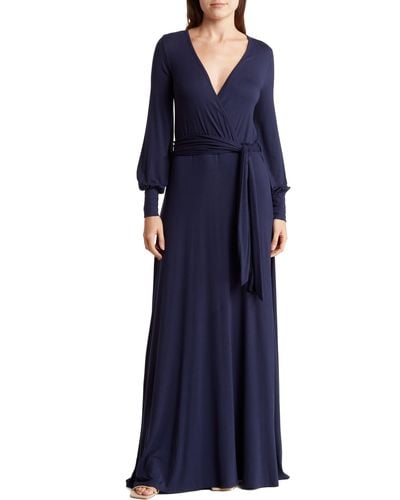 Go Couture Long Sleeve Faux Wrap Maxi Dress - Blue