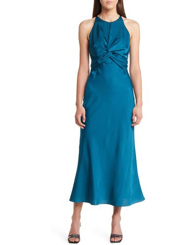 FLORET STUDIOS High Neck Twisted Bodice Sleeveless Dress - Blue
