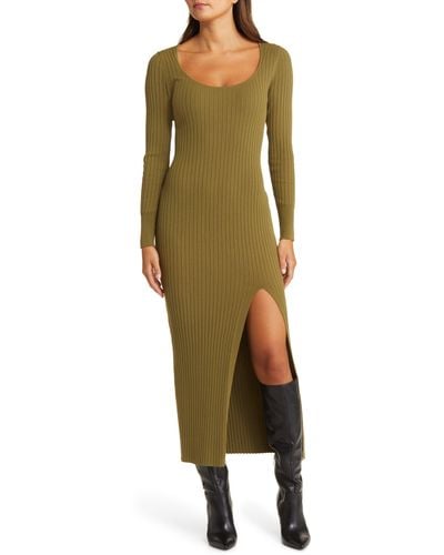 Open Edit Scoop Neck Long Sleeve Rib Sweater Dress - Green