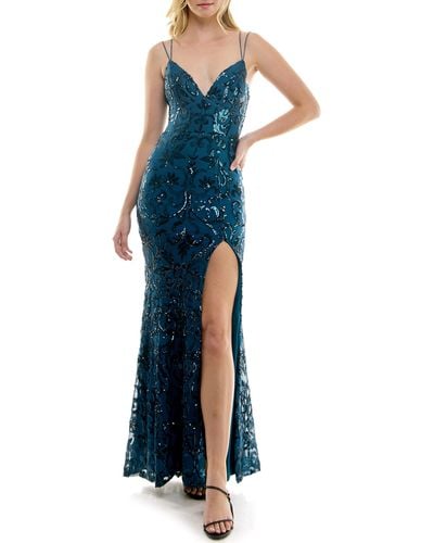 Speechless Sequin Lace-up Back Gown - Blue
