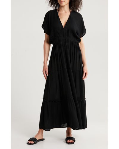 Elan Tiered Ruffle Maxi Cover-up Dress - Black