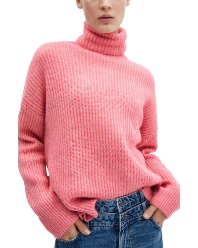 Mango Side Slit Turtleneck Sweater - Pink