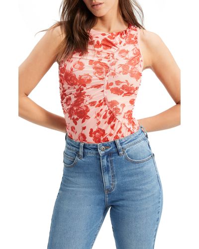 Bardot Felicia Floral Ruched Mesh Top - Blue