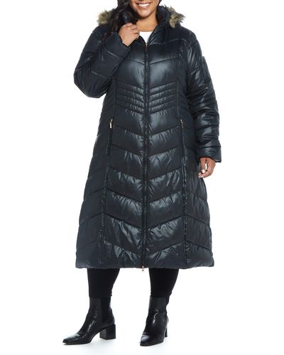 Gallery Hooded Maxi Puffer Coat With Faux Fur Trim - Blue